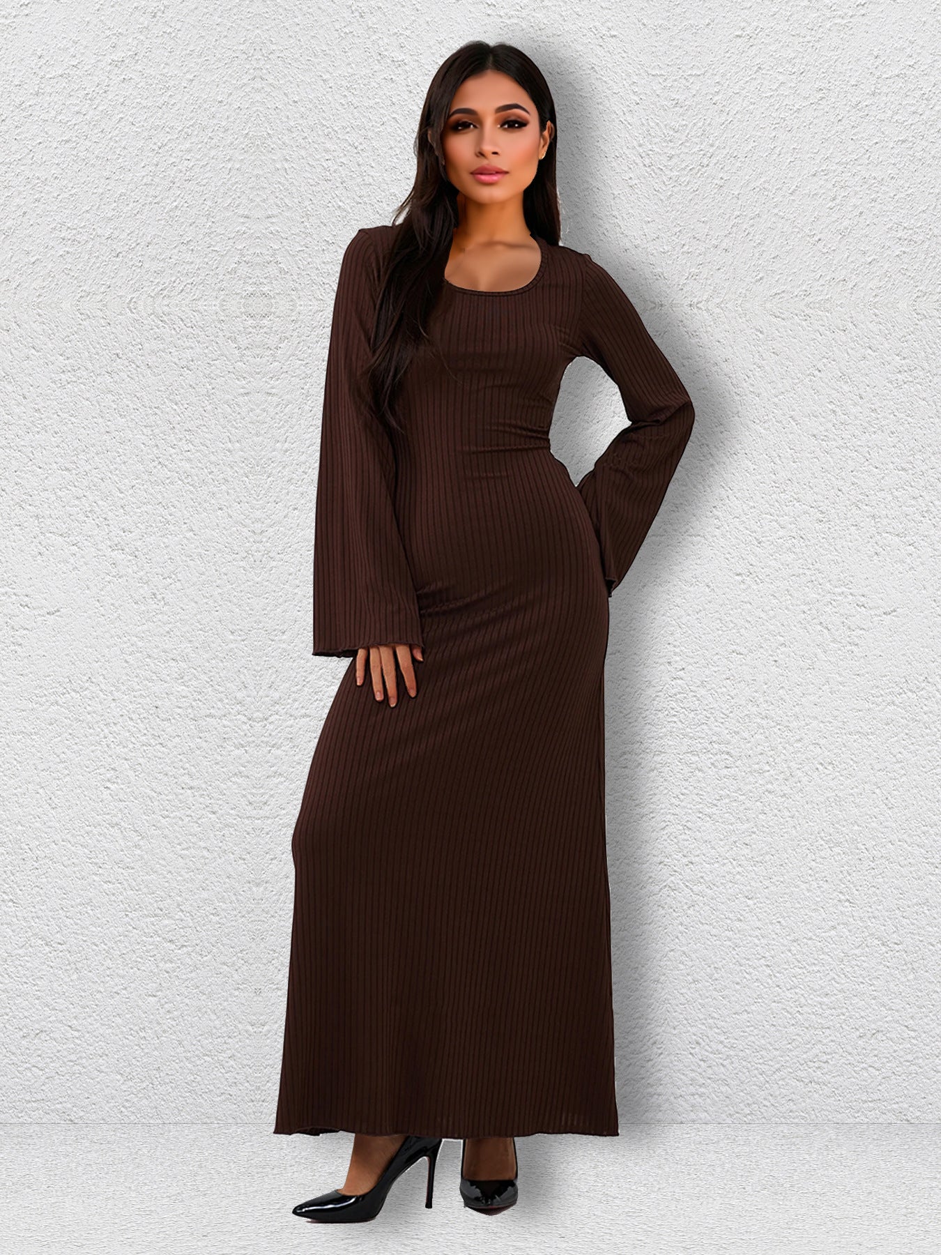 Elegant brown ribbed maxi dress in fashion, perfect for stylish ملابس occasions