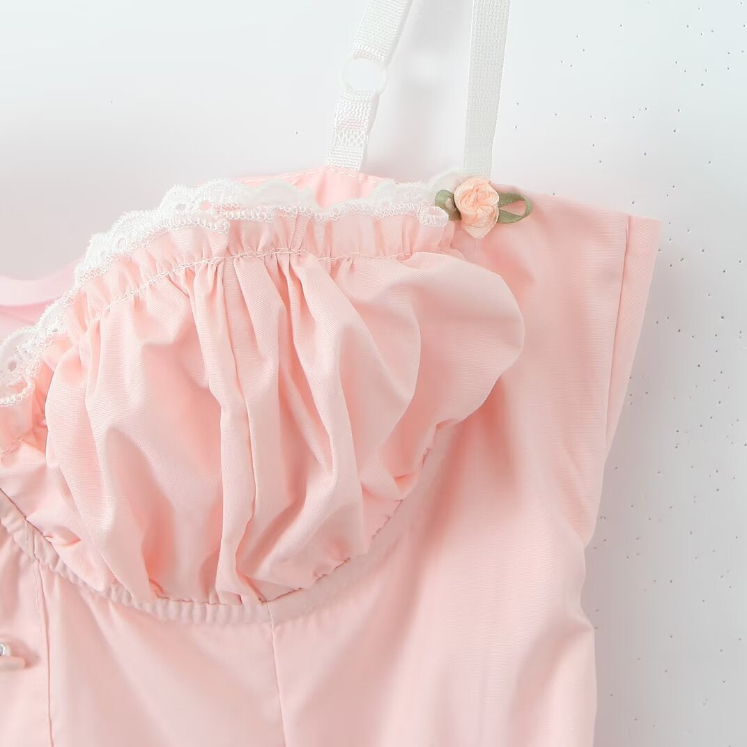 Pale pink Enchanting Steel Bracket Short Dress with ruffles and rosebud accent in fashion