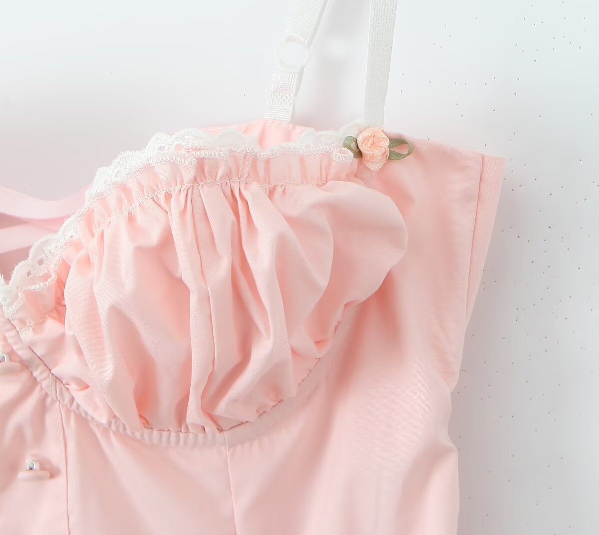 Pale pink Enchanting Steel Bracket Short Dress with ruffles and rosebud accent in fashion