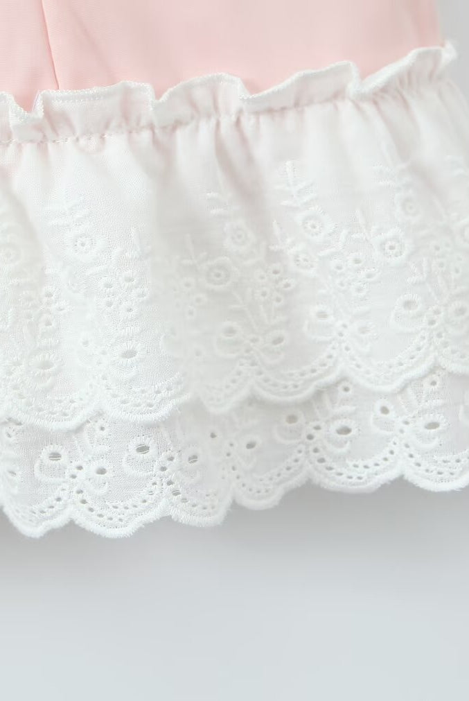 Delicate white eyelet lace trim with scalloped edges on Enchanting Steel Bracket Short Dress