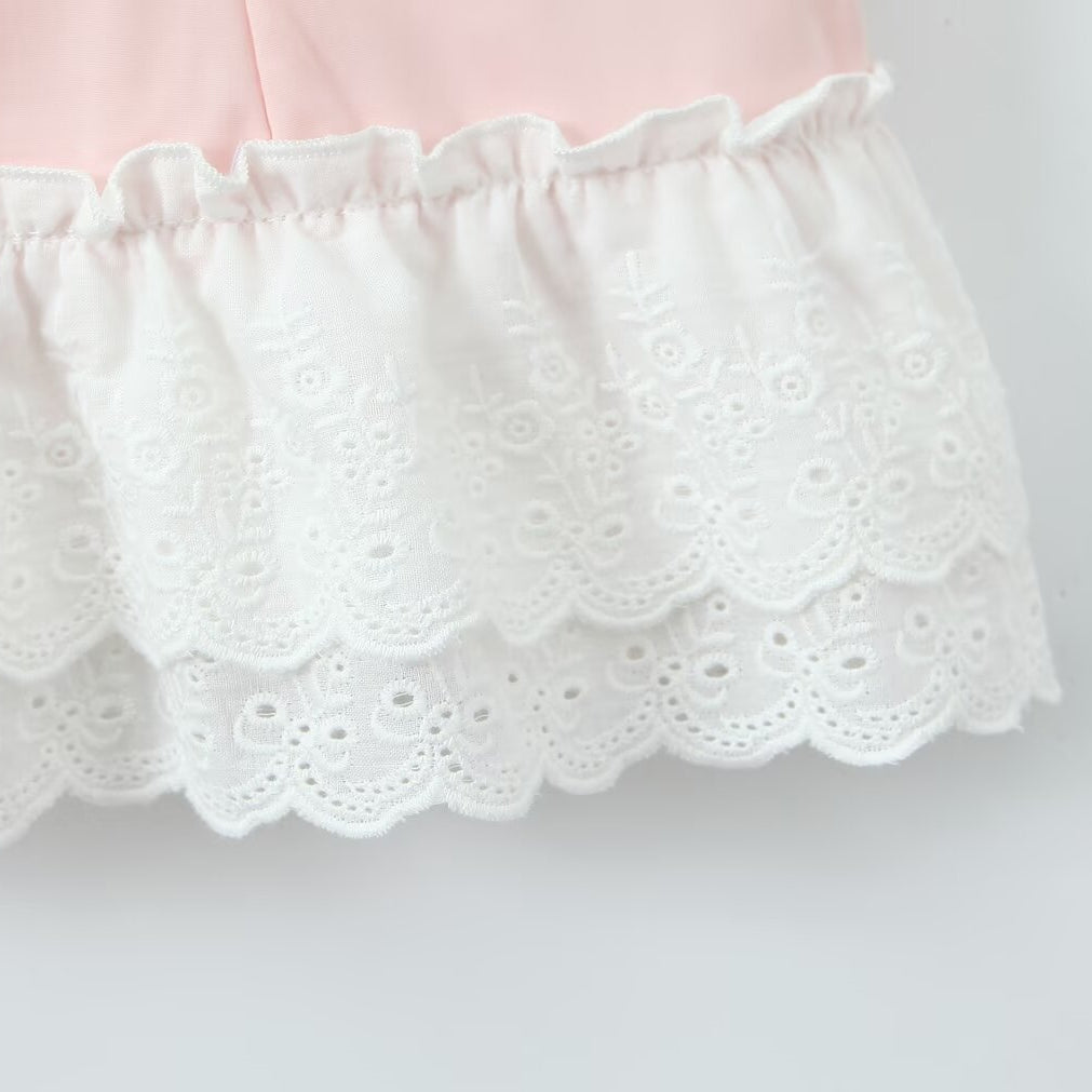 Delicate white eyelet lace trim with scalloped edges on Enchanting Steel Bracket Short Dress