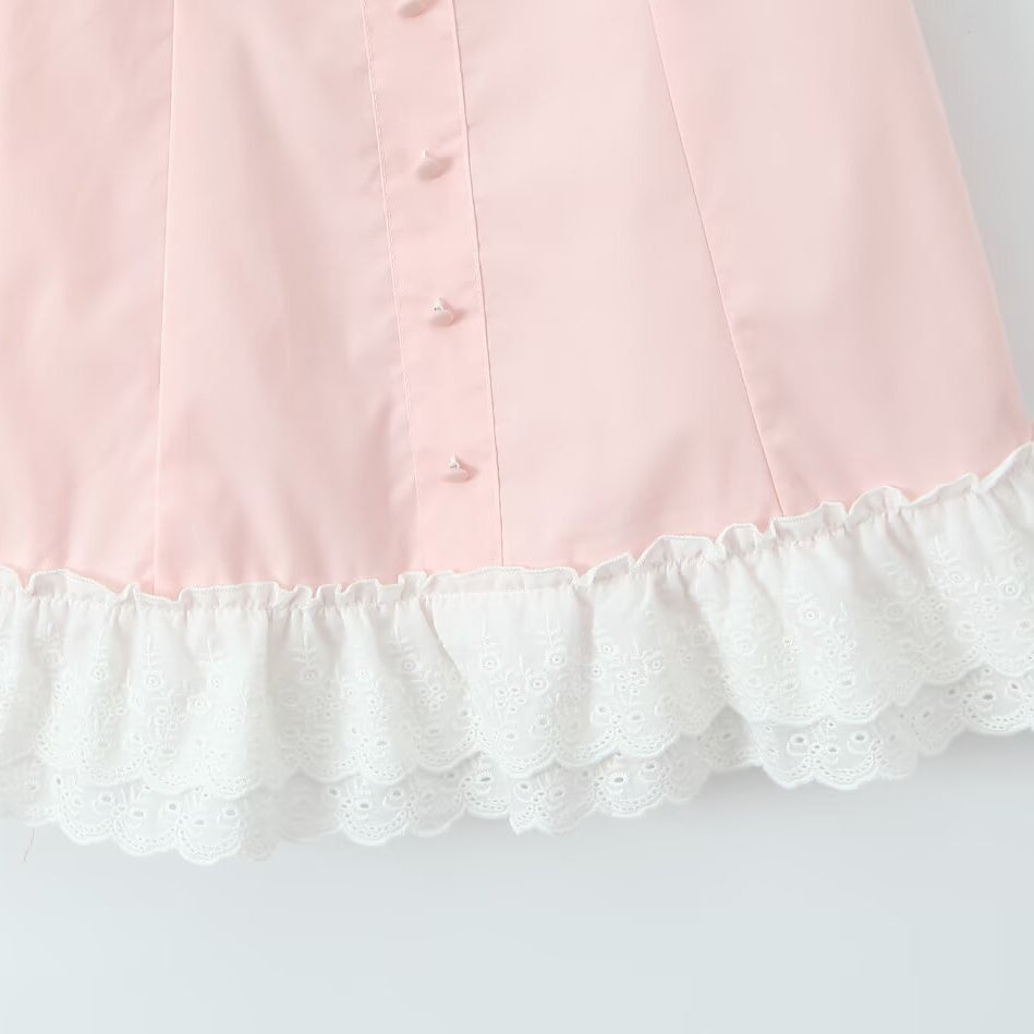 Pink blouse with white ruffled trim from Enchanting Steel Bracket Short Dress for stylish fashion