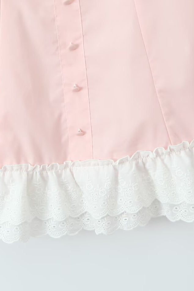 Pink blouse with white ruffled trim from Enchanting Steel Bracket Short Dress for stylish fashion