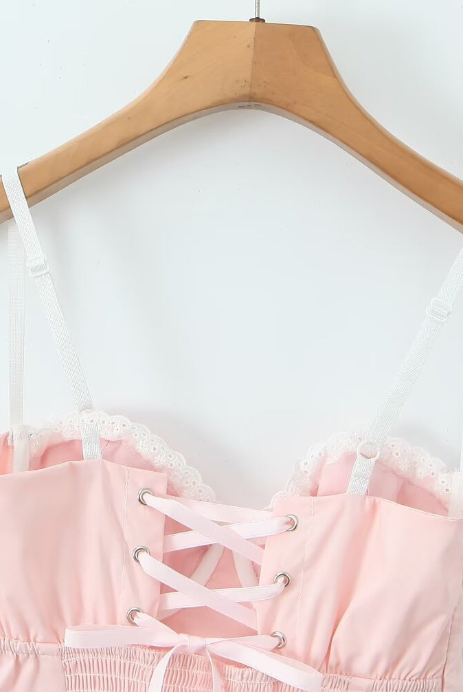 Pink and white corset-style top with lace-up detail for Enchanting Steel Bracket Short Dress