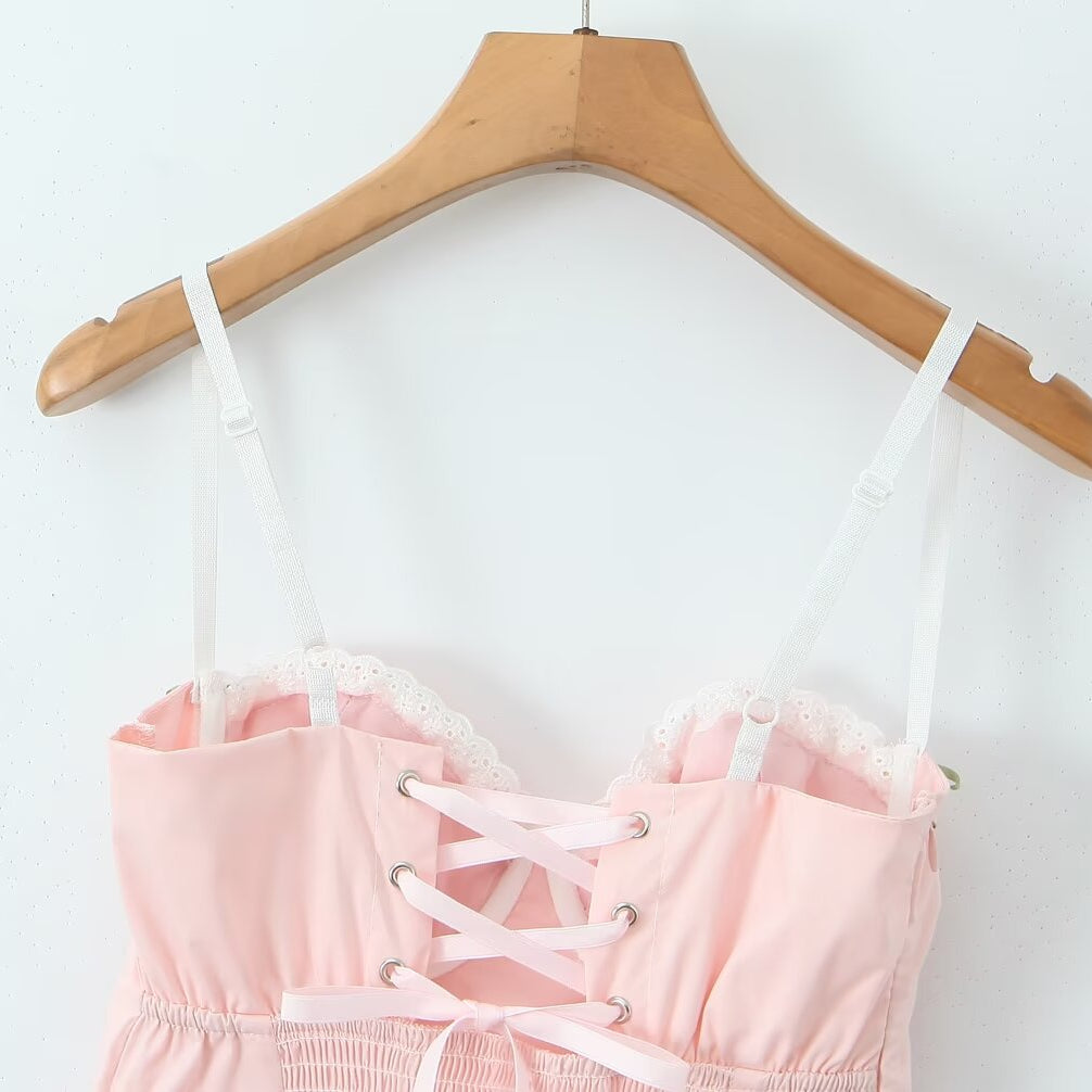 Pink and white corset-style top with lace-up detail for Enchanting Steel Bracket Short Dress