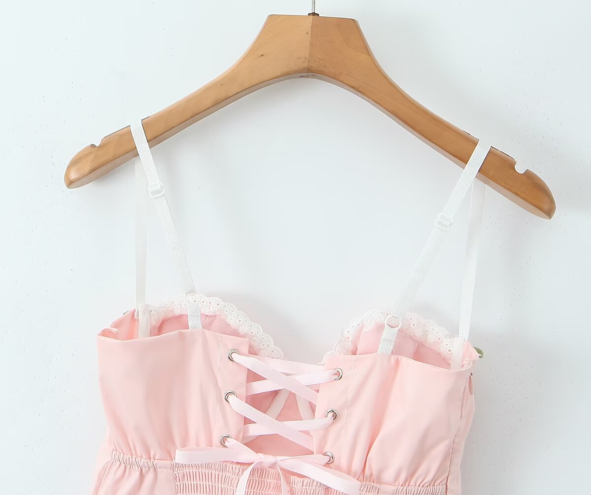 Pink and white corset-style top with lace-up detail for Enchanting Steel Bracket Short Dress