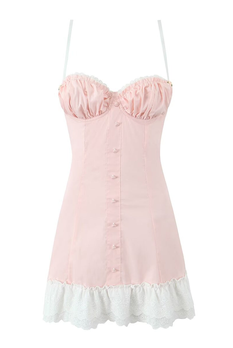 Pink strapless dress with white ruffle trim and button details in fashionable ملابس