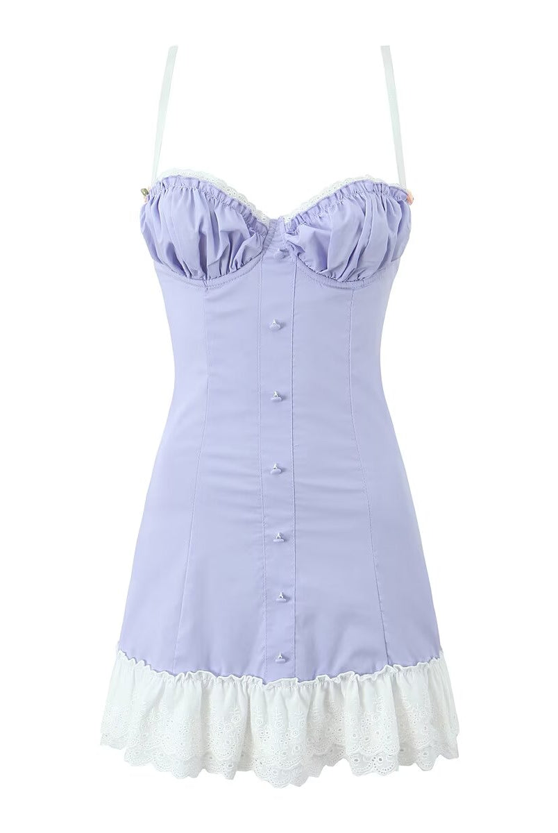 Lavender bustier dress with white ruffle trim, a chic fashion choice in ملابس