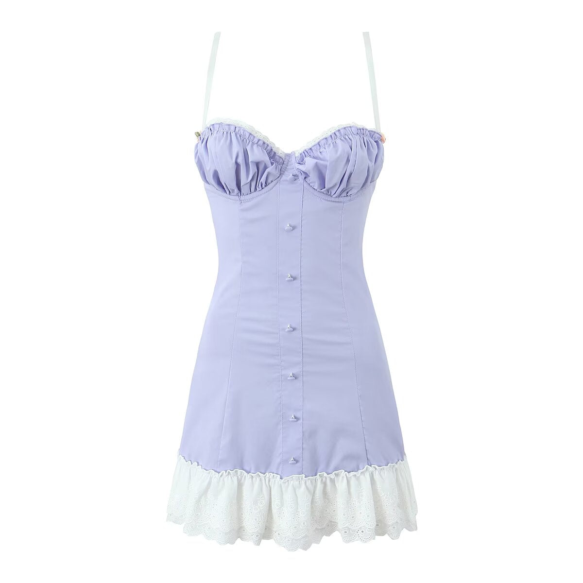 Lavender bustier dress with white ruffle trim, a chic fashion choice in ملابس