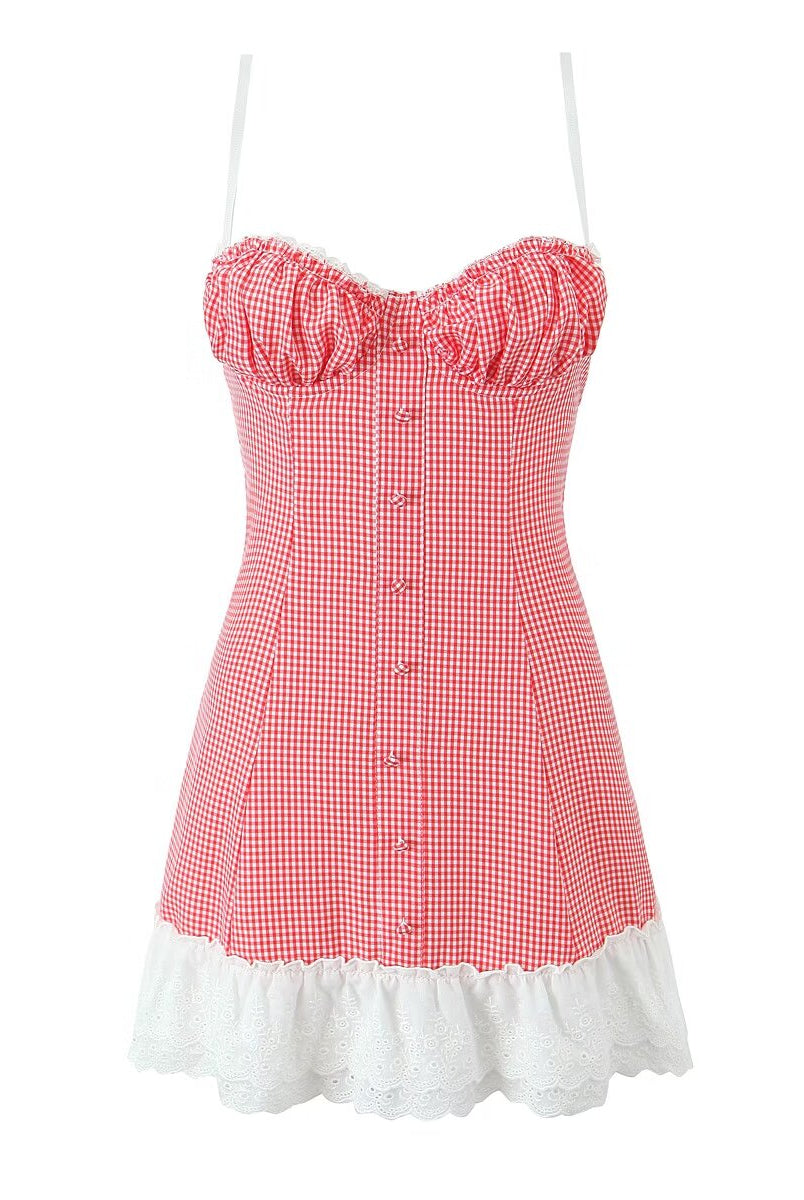 Red and white gingham sundress with lace trim, perfect for fashionable summer wear