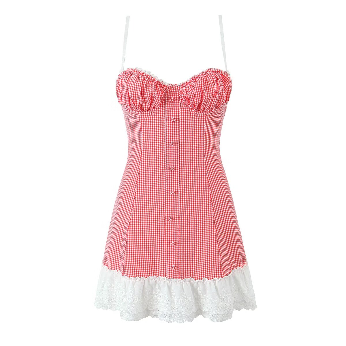 Red and white gingham sundress with lace trim, perfect for fashionable summer wear