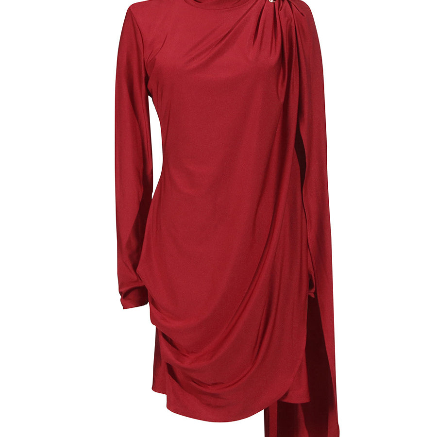 Red turtleneck Elegant Socialite Dress featuring draped asymmetrical design and decorative shoulder detail