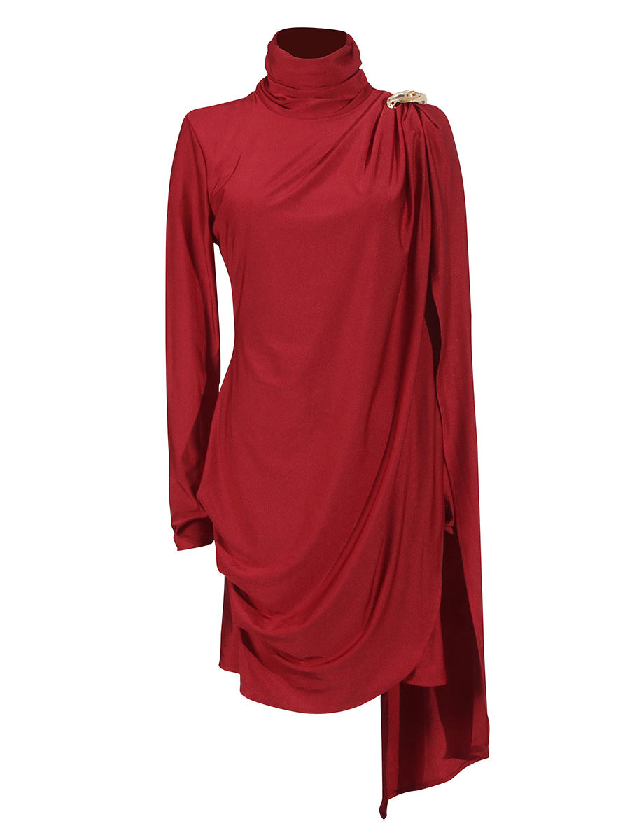 Red turtleneck Elegant Socialite Dress featuring draped asymmetrical design and decorative shoulder detail
