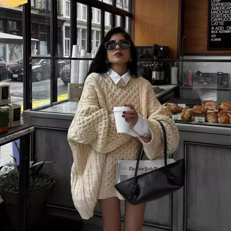 Oversized cable-knit sweater in fashion style, perfect for lounging and cozy ملابس