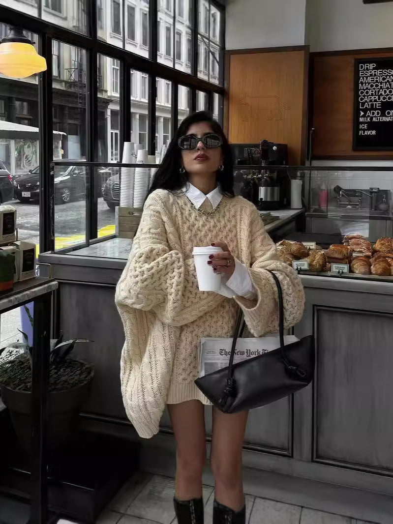 Oversized cable-knit sweater in fashion style, perfect for lounging and cozy ملابس