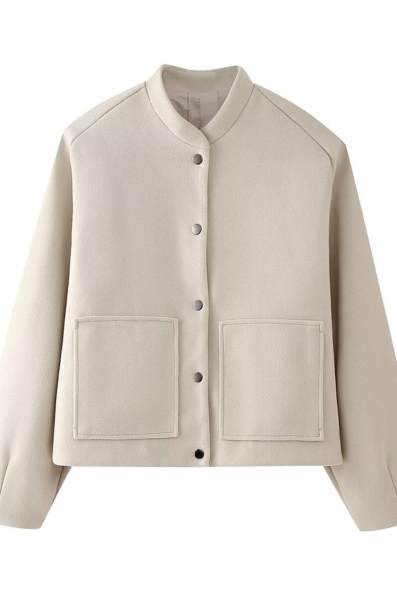 Beige single breasted wool jacket with patch pockets and button closure