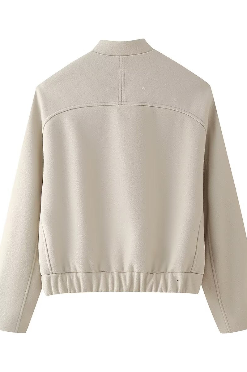 Beige single breasted bomber jacket with zipper cuffs by Langry fashion