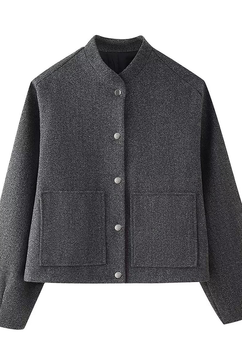 Charcoal gray bouclé single breasted jacket with patch pockets
