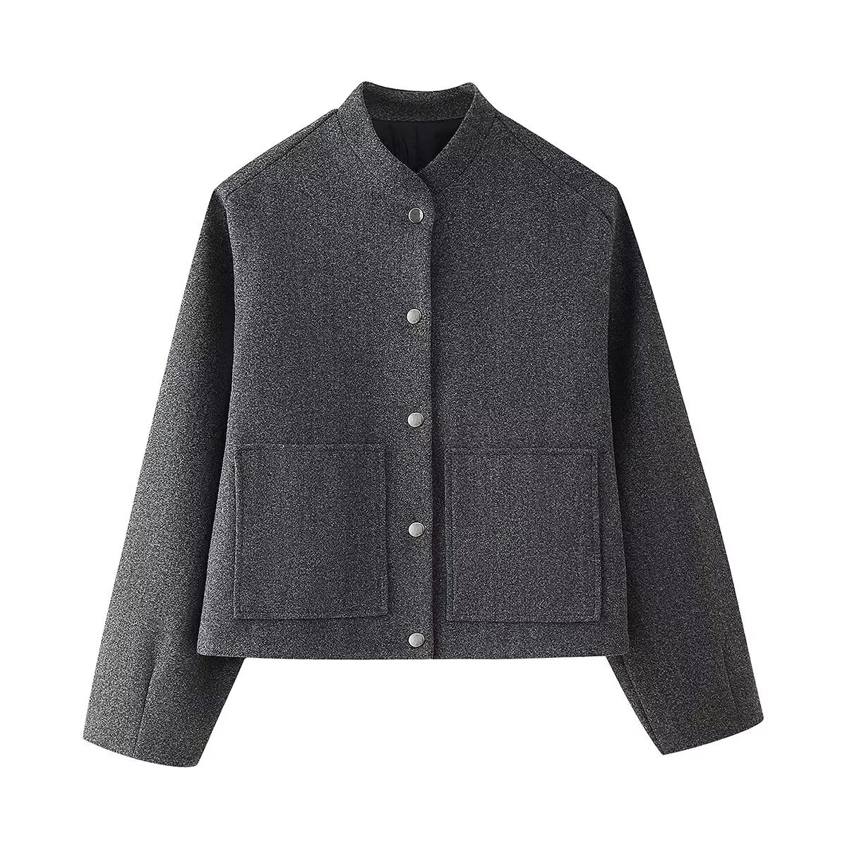 Charcoal gray bouclé single breasted jacket with patch pockets