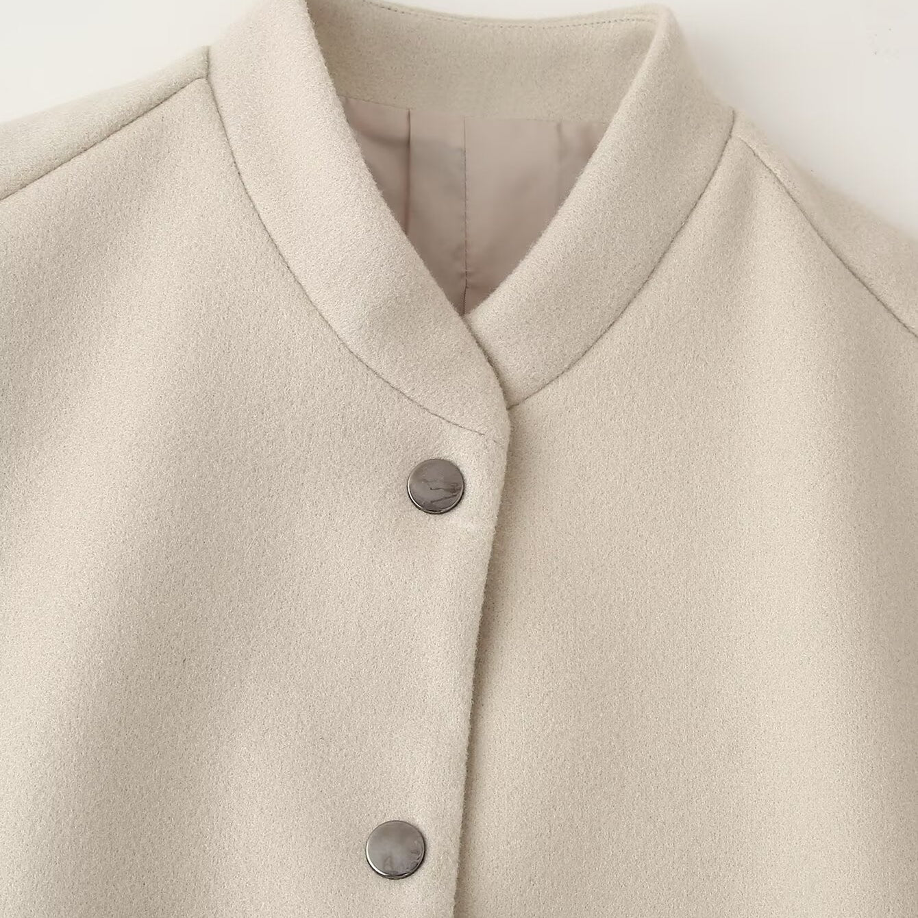 Beige wool single breasted cardigan with silver buttons and mandarin collar