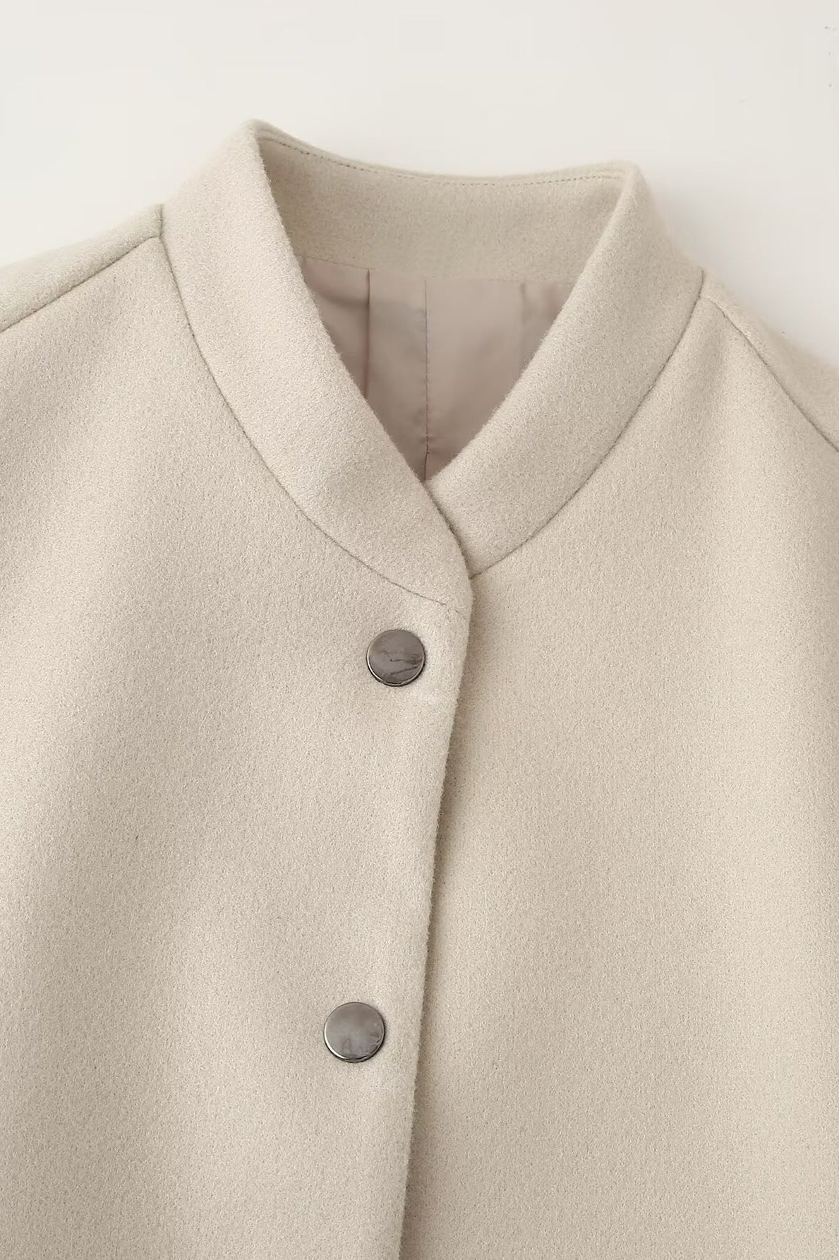 Beige wool single breasted cardigan with silver buttons and mandarin collar