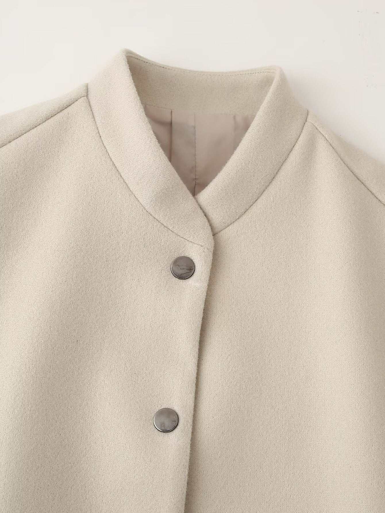 Beige wool single breasted cardigan with silver buttons and mandarin collar