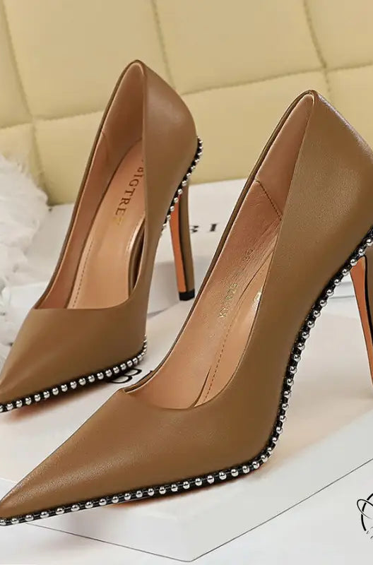 Brown leather stiletto heels with silver bead trim in Party Thinner High Heels