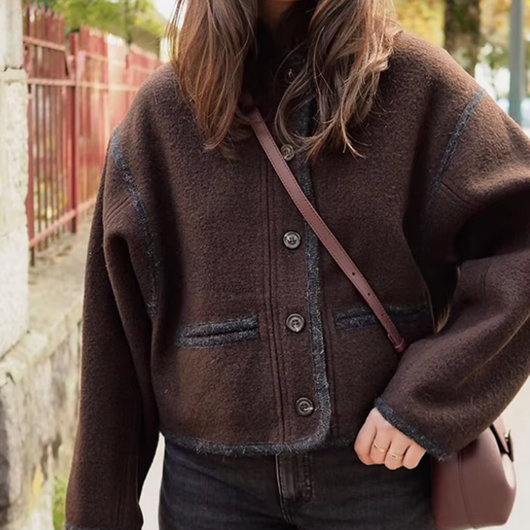 Langry stylish graceful soft woolen brown textured jacket with button closure and crossbody bag in fashion ملابس