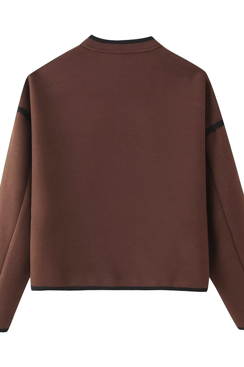 Stylish Langry brown fleece jacket with black accents, ribbed cuffs in fashion ملابس