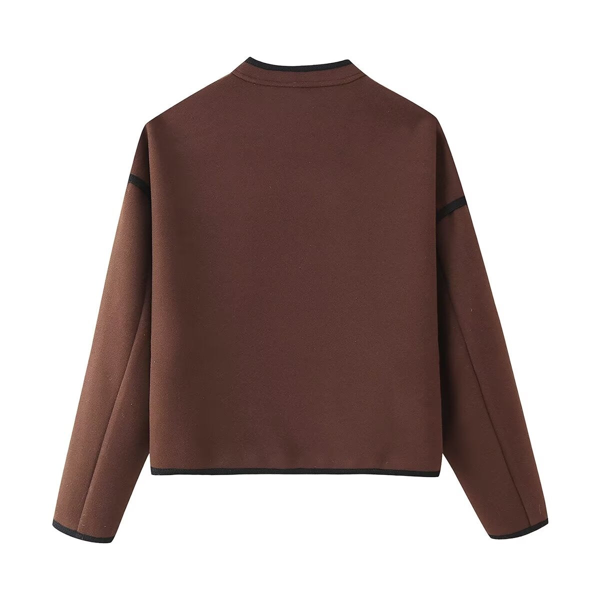 Stylish Langry brown fleece jacket with black accents, ribbed cuffs in fashion ملابس