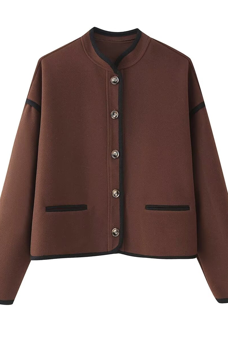 Stylish graceful soft woolen langry fashion jacket in brown with black trim