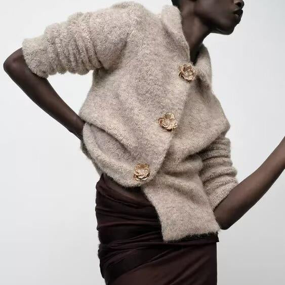 Elegant knitted cardigan with beige fluffy langry fashion ملابس and gold floral buttons
