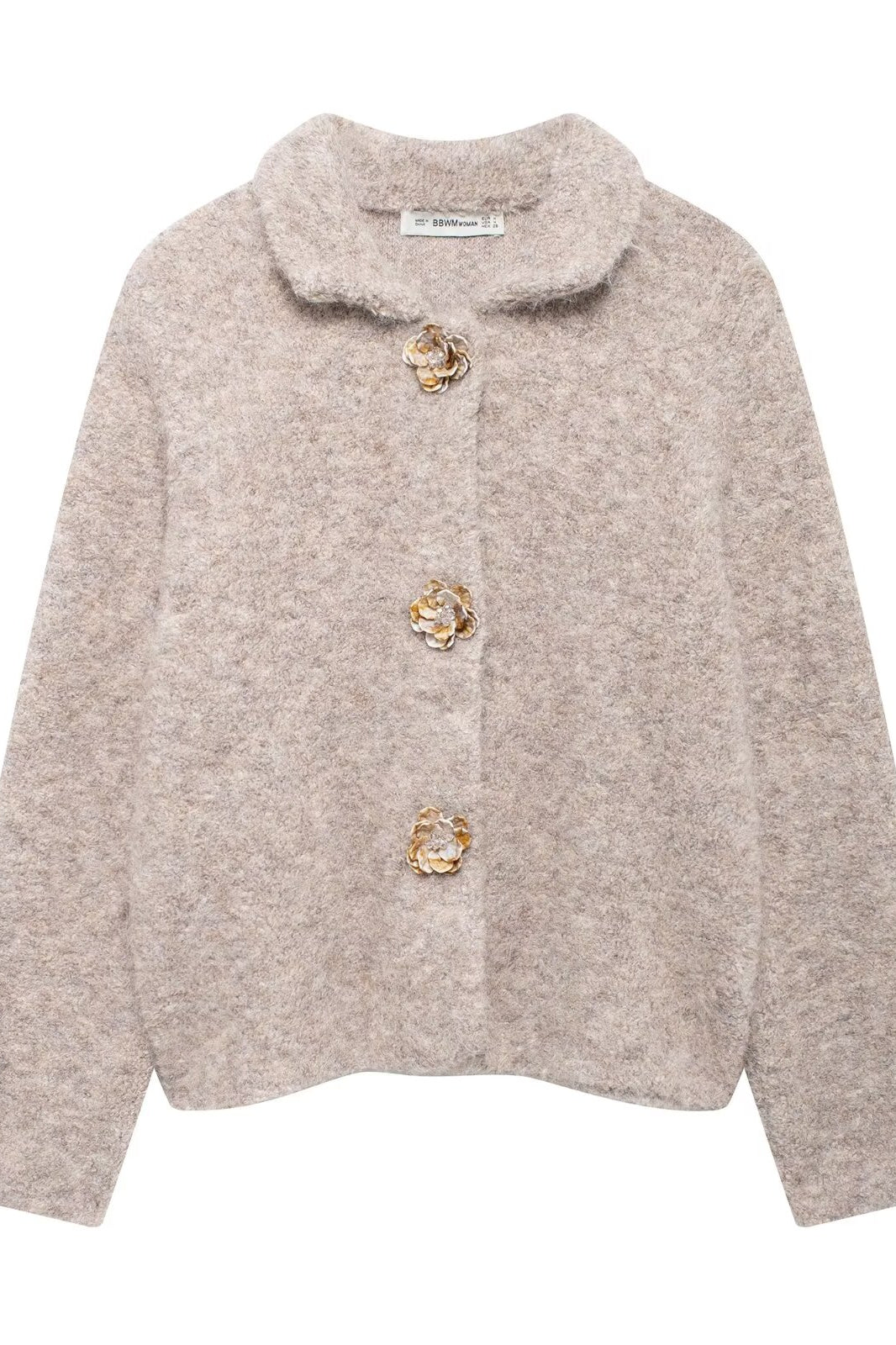 Elegant beige boucle langry cardigan with gold floral buttons
