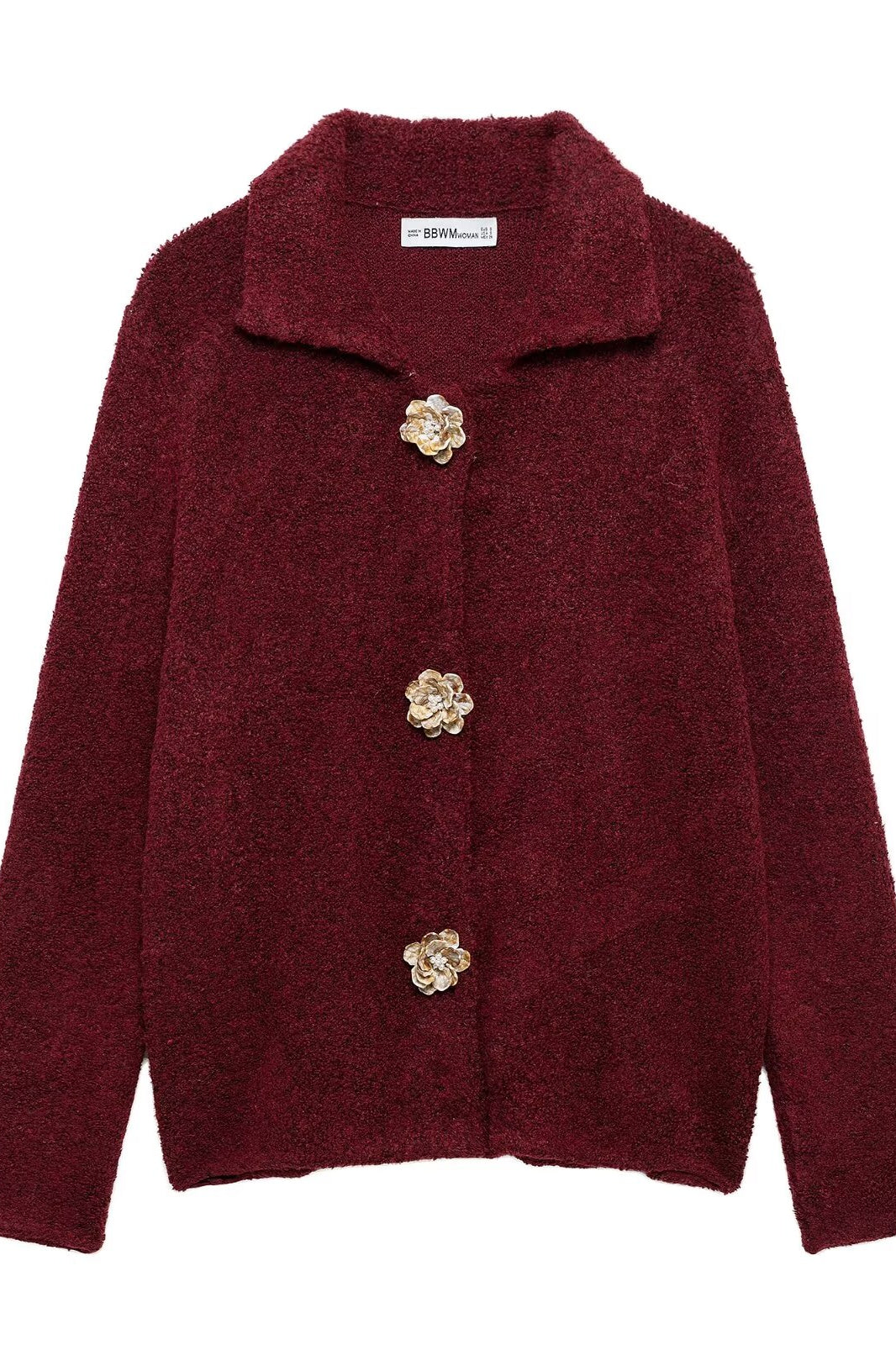 Elegant burgundy boucle cardigan with floral buttons from Zara fashion