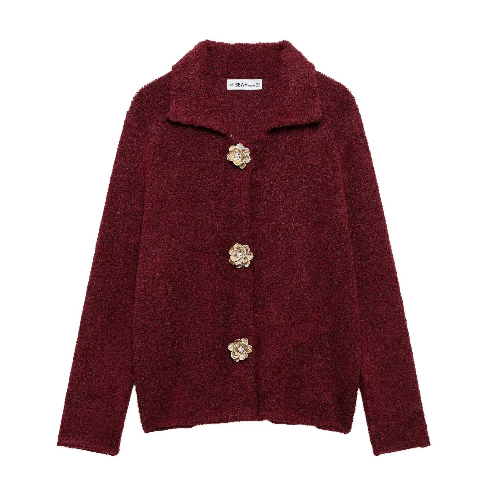 Elegant burgundy boucle cardigan with floral buttons from Zara fashion