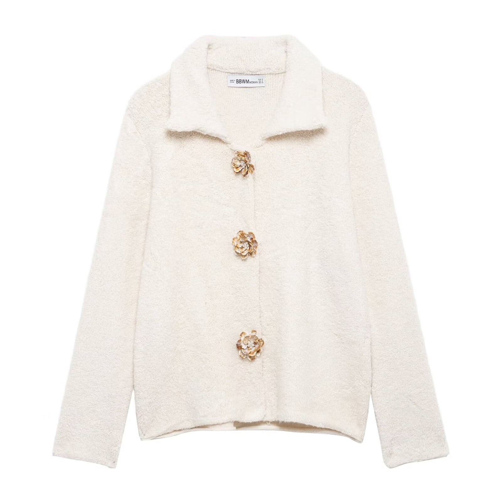 Elegant Langry knitted cardigan in cream with gold floral buttons and collar