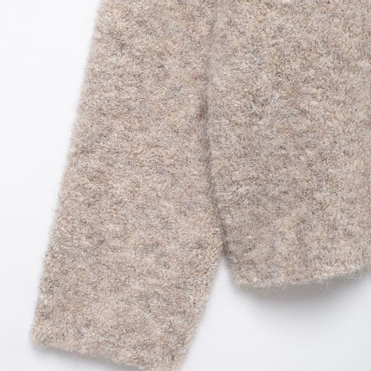 Elegant Langry beige fuzzy knit scarf with floral button pattern