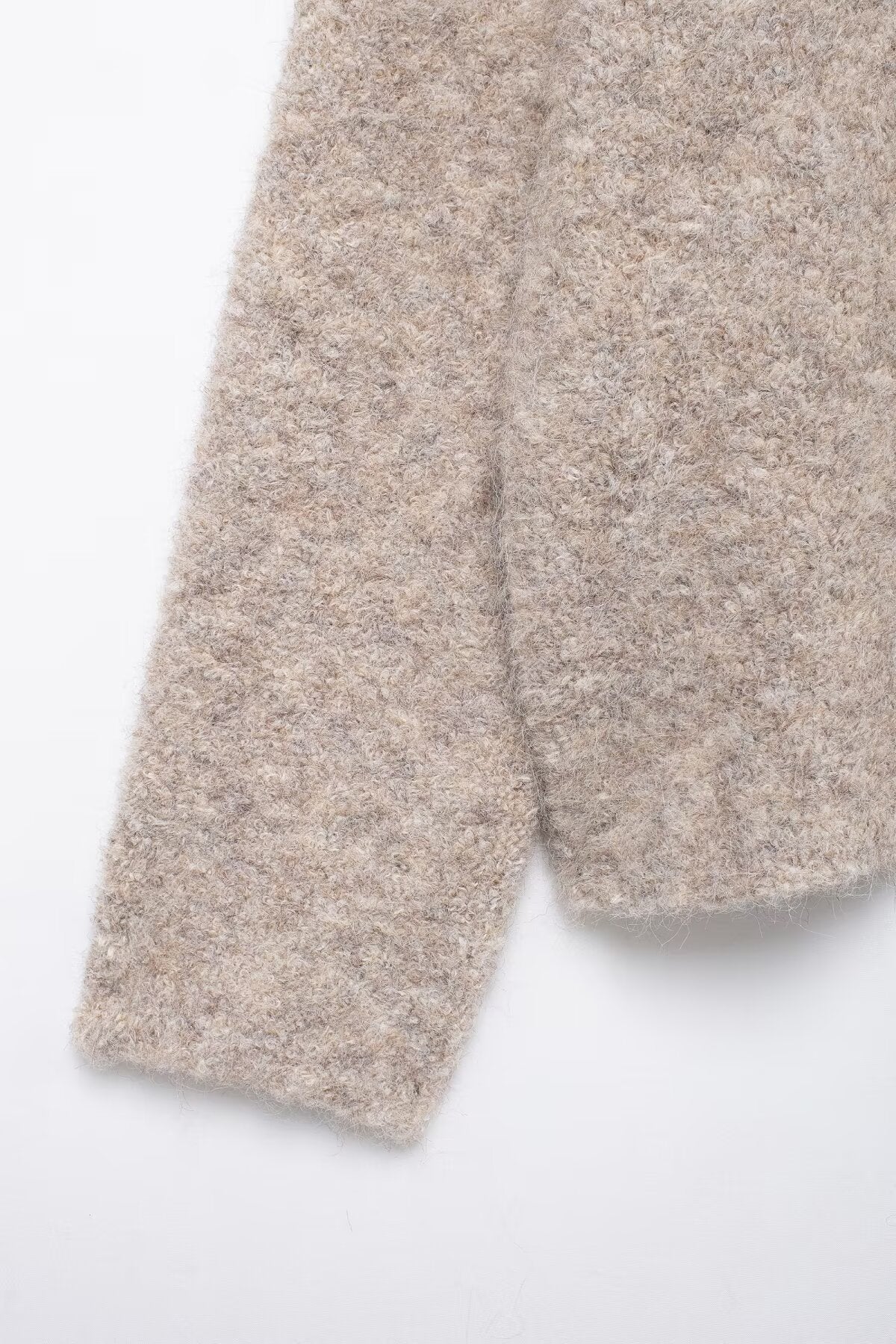 Elegant Langry beige fuzzy knit scarf with floral button pattern