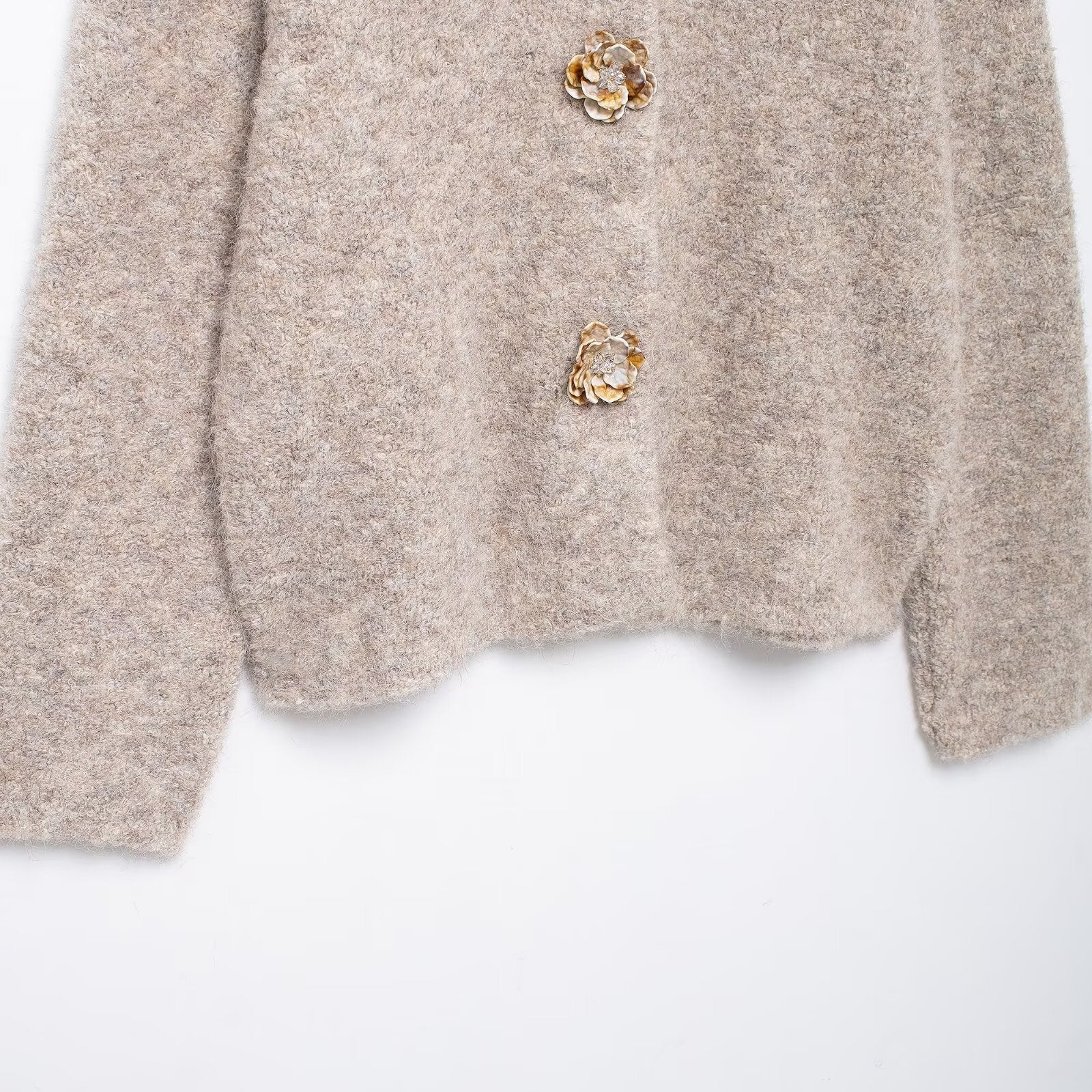 Elegant Langry knitted cardigan in beige texture with floral buttons for fashion ملابس
