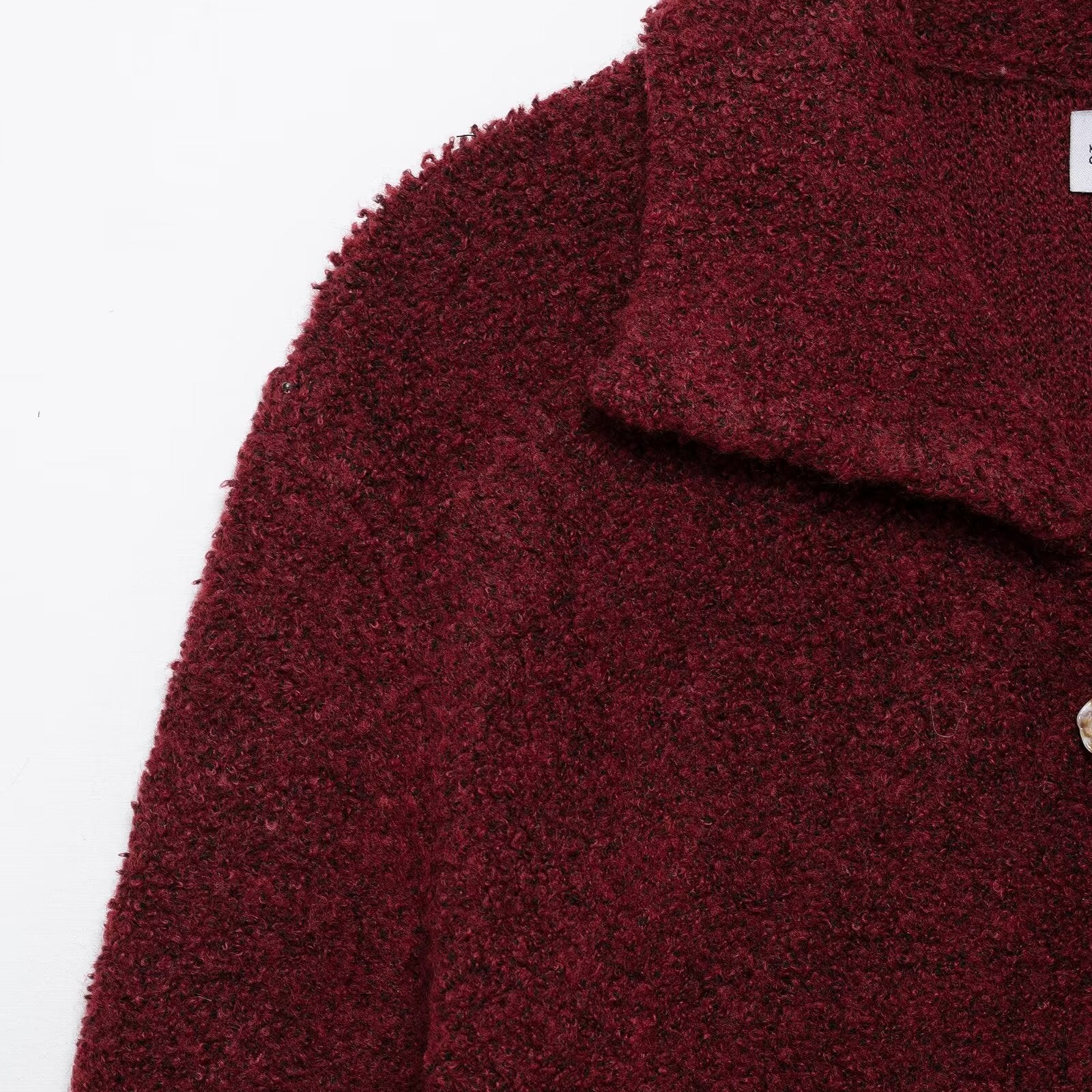 Elegant burgundy boucle cardigan with floral buttons, langry fashion ملابس