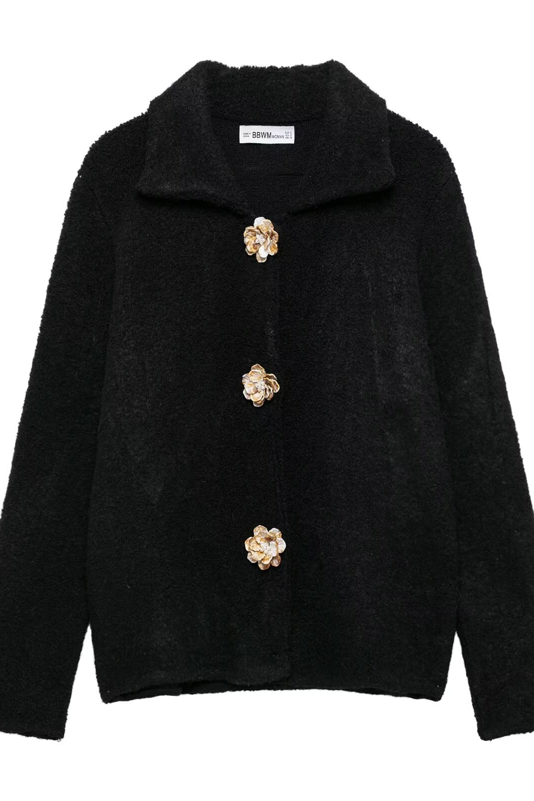 ElegAlt text: Elegant Langry fashion knitted cardigan with black fluffy sweater, floral buttons and collar._