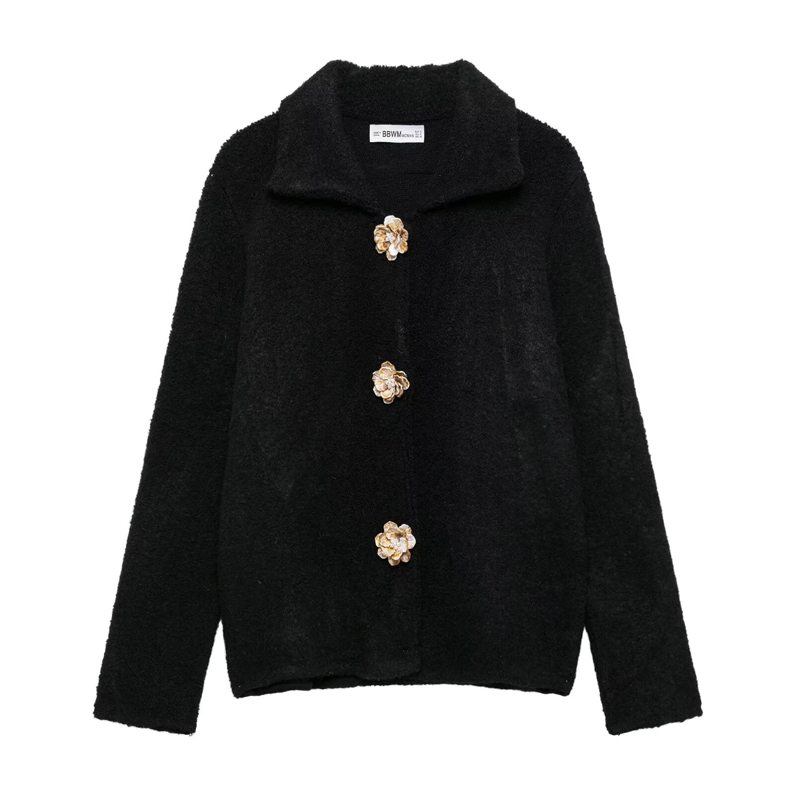 ElegAlt text: Elegant Langry fashion knitted cardigan with black fluffy sweater, floral buttons and collar._