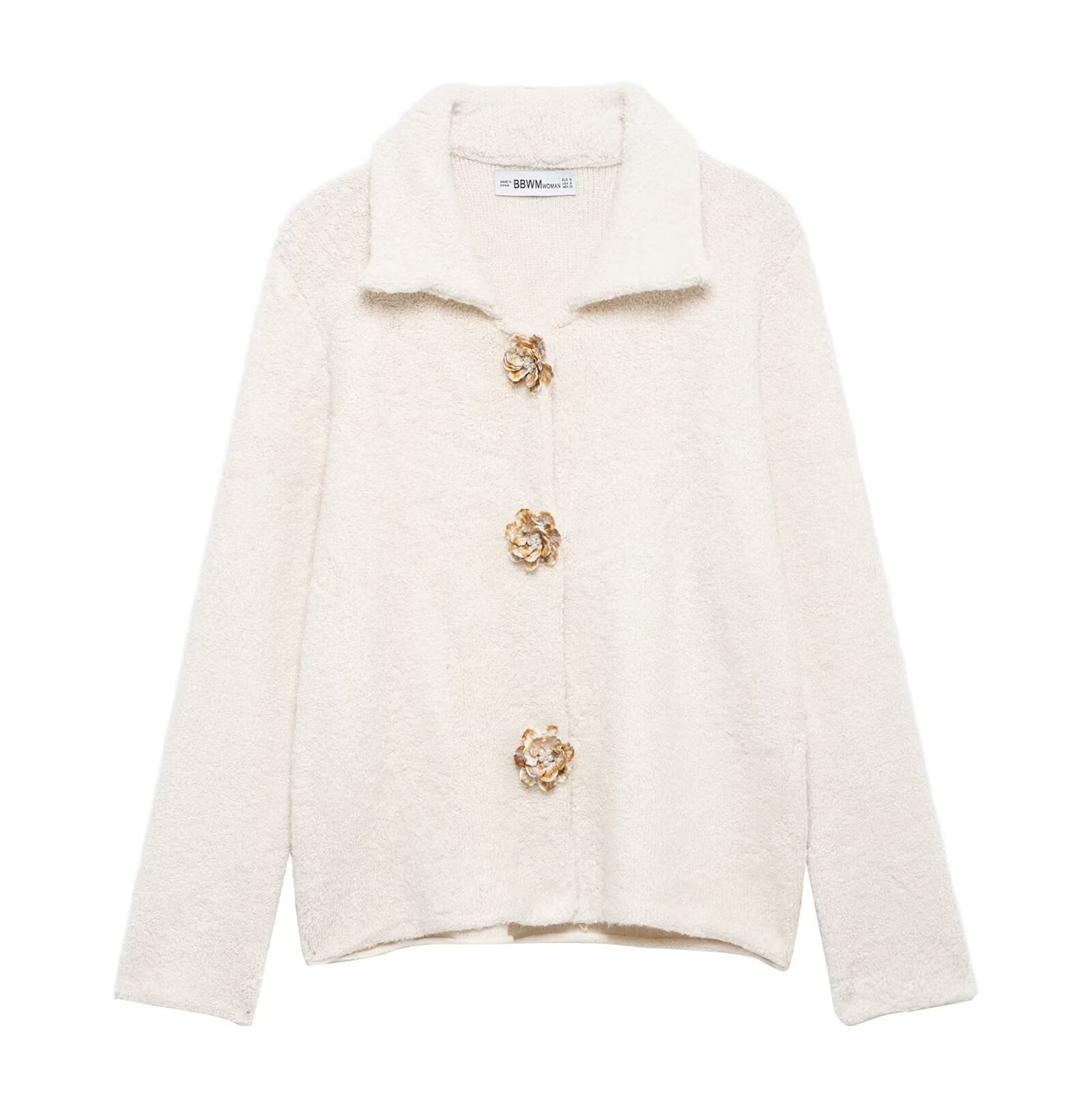 Elegant Langry knitted cardigan in cream with gold floral buttons