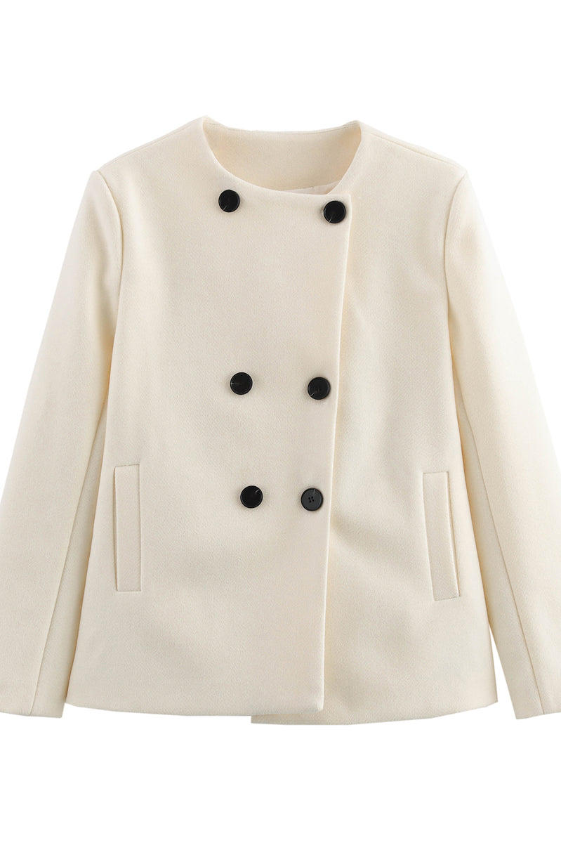 Cozy Langry cream wool coat with black buttons, pockets, fashion ملابس