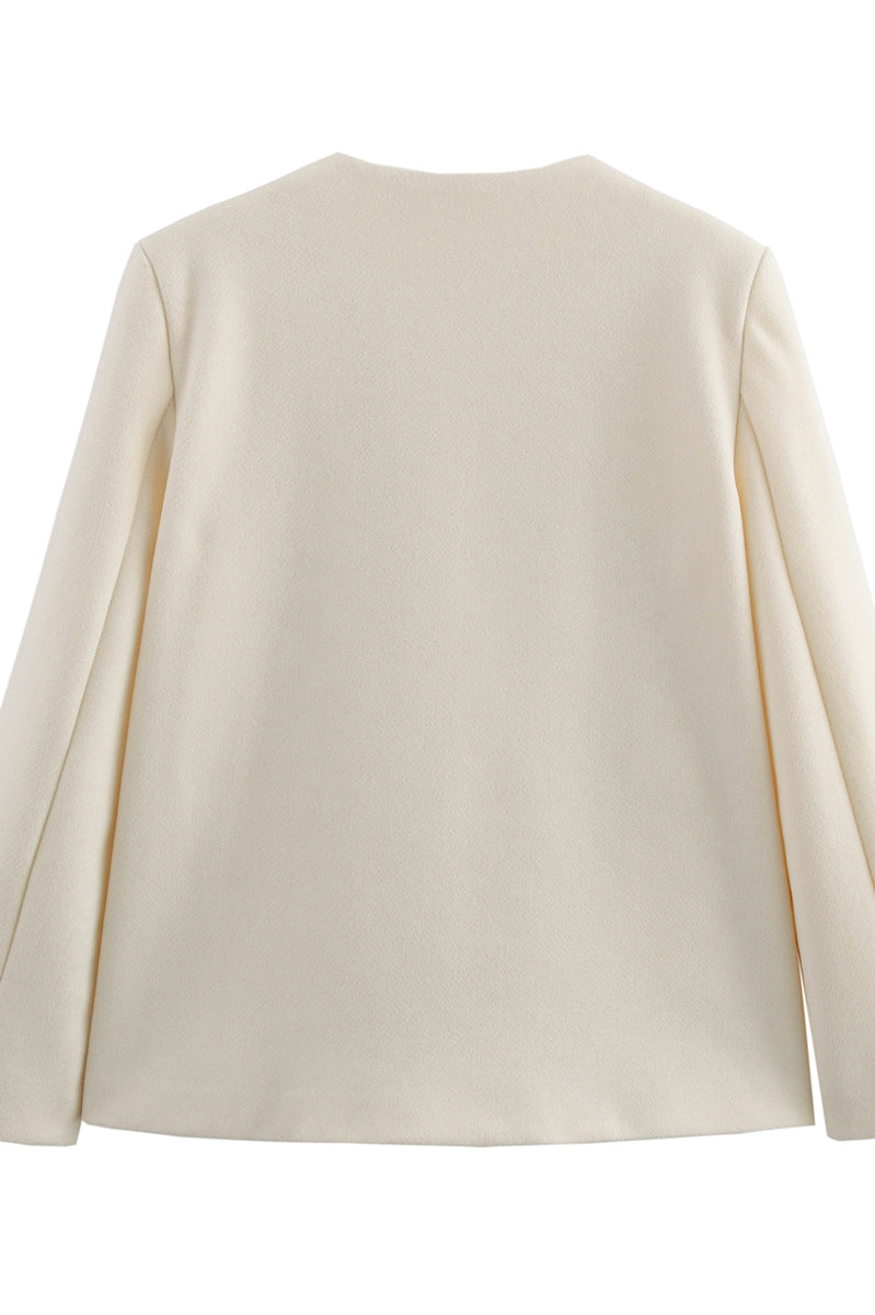 Cozy Langry fashion cream woolen coat with round neck and stitching