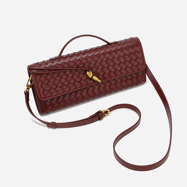 Burgundy woven leather handbag with shoulder strap from Soft Leather Mid Ancient Baguette Bag in fashion
