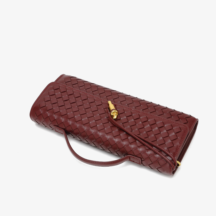 Burgundy woven leather clutch with gold clasp in Soft Leather Mid Ancient Baguette Bag, fashion ملابس