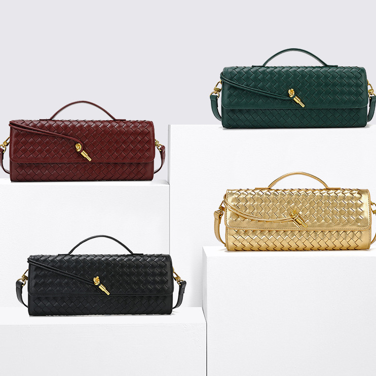 Four woven leather handbags in a stylish Soft Leather Mid Ancient Baguette Bag collection