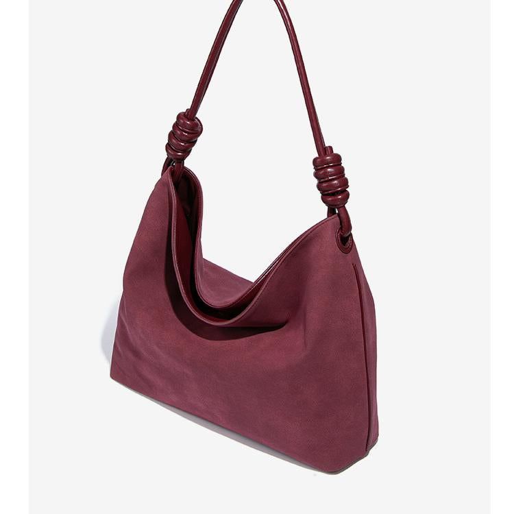 Luxury Frosted Office Bucket Bag in Burgundy leather with knotted handle for elegant fashion