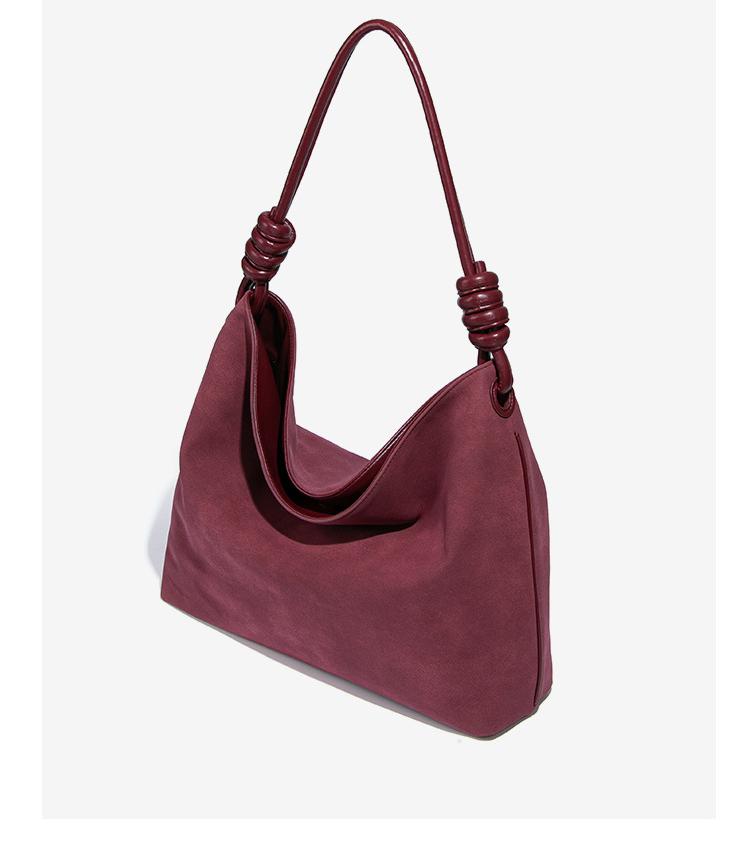 Luxury Frosted Office Bucket Bag in Burgundy leather with knotted handle for elegant fashion
